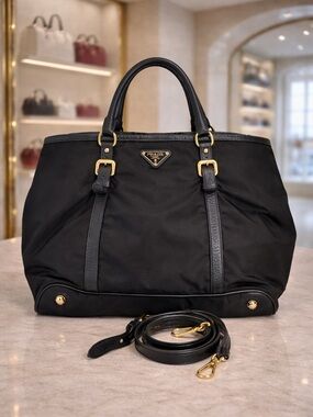 Prada Black Nylon Tote with Gold Hardware Accents